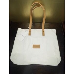 Cozy Earth White Canvas Tote Bag‎ With Pocket and Faux Leather Straps